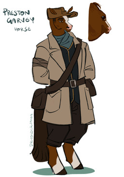 anthro belt belt_pouch brown_body clothed clothing fully_clothed hooves jacket male military_uniform minuteman_(fallout) multicolored_body pink_nose shoulder_bag simple_background solo standing tail topwear uniform vest wearing_hat white_background drvoidiguana fallout microsoft preston_garvey_(fallout) equid equine horse mammal