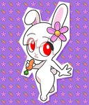 accessory anthro big_eyes carrot female flower flower_in_hair food fur hair hair_accessory holding_carrot holding_food holding_object holding_vegetable pattern_background plant red_eyes simple_background solo vegetable white_body white_fur starbirbz carrots_(starbirbz) lagomorph leporid mammal rabbit 2017