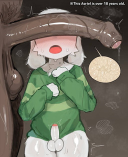 adult_on_young age_difference anthro ball_size_difference balls big_balls big_penis biped blush blush_lines bodily_fluids bottomless clothed clothed/nude clothed_anthro clothed_male clothing cutaway dripping duo erection fertility_analysis fingers floppy_ears foreskin fur genital_fluids genitals glans humanoid_genitalia humanoid_penis larger_male male male/male nude nude_anthro nude_male obscured_eyes open_mouth partially_retracted_foreskin penis penis_awe penis_on_face penis_size_difference pink_glans precum precum_drip simple_background size_difference small_penis smaller_anthro smaller_male speech_bubble sperm_cell text topwear white_balls white_body white_fur white_penis young young_anthro young_male younger_anthro younger_male kemo_ka_nya undertale undertale_(series) asriel_dreemurr bovid caprine goat mammal english_description english_text hi_res adult_(lore)