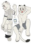 anthro barefoot bodily_fluids bottle bottomwear boxers_(clothing) claws clothed clothing container dipstick_ears ear_markings feet footwear fur grey_boxers grey_clothing grey_underwear kemono looking_at_viewer looking_back male mane mascot multicolored_ears open_mouth open_smile pants shirt simple_background smile smiling_at_viewer socks solo sweat sweaty_clothing sweaty_shirt sweaty_topwear tail tail_tuft topwear tuft underwear undressing white_background white_body white_bottomwear white_clothing white_footwear white_fur white_mane white_pants white_shirt white_socks white_topwear milkybot nippon_professional_baseball saitama_seibu_lions leo_(saitama_seibu_lions) felid lion mammal pantherine 2022 absurd_res hi_res