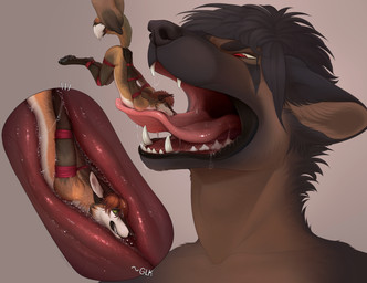 anthro anthro_pred anthro_prey arms_tied bdsm black_body black_fur black_hair bodily_fluids bondage bound brown_background brown_body brown_fur detailed_mouth drooling duo extreme_size_difference fangs fur green_eyes hair hands_behind_back holding_micro holding_prey inside internal legs_tied macro male male/male male_pred male_prey mawplay micro mouth_shot open_mouth oral_vore orange_body orange_fur red_eyes restraints rope rope_bondage saliva saliva_on_tongue saliva_string simple_background size_difference swallowing teeth tongue tongue_out vore sobakasatany canid canine fox mammal hi_res