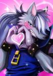 anthro blue_eyes blush bodily_fluids bracelet canid canine canis clothed clothing embarrassed fur grey_body grey_fur hair heart_symbol jewelry looking_at_viewer mammal pretty_cure shan_(artist) smile_pretty_cure solo sweat white_hair wolf wolfrun