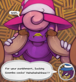 balls big_penis bodily_fluids clothing crying dialogue erection eyeless female forced genitals gloves group hair handwear hat headgear headwear huge_penis imminent_oral interspecies lipstick makeup male male/female mostly_nude mostly_nude_female not_furry nude_male pattern_clothing pattern_hat pattern_headgear pattern_headwear penis penis_grab pink_hair punishment purple_body purple_hair purple_skin questionable_consent speech_bubble striped_clothing striped_hat striped_headgear striped_headwear stripes tears text witch_hat yellow_lipstick marsminer mario_bros nintendo paper_mario paper_mario:_the_thousand_year_door beldam_(mario) vivian_(mario) goomba humanoid shadow_siren spirit 2025 artist_name digital_media_(artwork) english_text hi_res sibling_(lore) sister_(lore) sisters_(lore) trans_(lore) trans_woman_(lore)