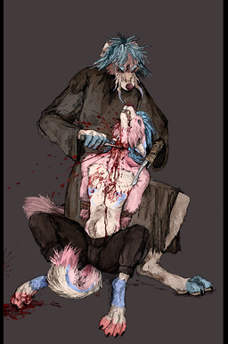 anthro blood bodily_fluids brown_background death duo dying fatal_wound gore killing knife male male/male male_death missing_arm pain prosthetic prosthetic_arm prosthetic_limb simple_background slit_throat jeffusherb canid canine canis mammal wolf digital_media_(artwork) pixel_(artwork)