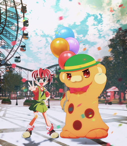amusement_ride anthro balloon bow_tie brigadoon_marin_and_melan brown_body brown_spots clothing confetti detailed_background duo female ferris_wheel footwear gesture green_clothing green_hat green_headwear hand_gesture hat headgear headwear holding_balloon inflatable male marin_asagi_(brigadoon) overalls red_bow_tie red_clothing shoes socks spots string v_sign varyupon amagi_brilliant_park moffle human mammal mouse murid murine rodent colored hi_res shaded