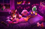 anthro bed bedroom blue_eyes bottomwear cd_player clothing electronics female fur furniture headphones lying musical_note musical_symbol on_bed orange_body orange_fur pants plant pokeball solo symbol rukifox hasbro kirby_(series) mario_bros my_little_pony nintendo nintendo_switch pokemon the_legend_of_zelda yumi_(yatofox) canid canine elemental_creature flora_fauna fox generation_1_pokemon green_yoshi mammal pikachu piranha_plant pokemon_(species) yoshi 14:9