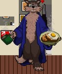 anthro biped breakfast clothing coffee_mug eyewear glasses pose robe robe_only solo burgundy_wolf burgundy_wolf_(character) canid canine canis mammal wolf digital_media_(artwork) pinup pixel_(artwork) nonbinary_(lore)