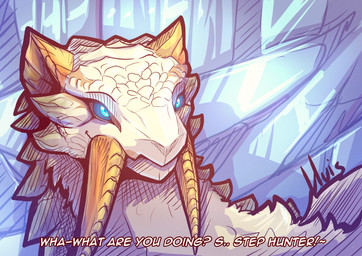bedroom_eyes blue_eyes dialogue fangs female female_feral feral fur glowing glowing_eyes ice lying narrowed_eyes on_back scales seductive solo teeth text tusks white_body white_fur white_scales lluisabadias capcom monster_hunter barioth flying_wyvern 2025 english_text hi_res signature