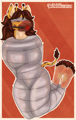 anthro ball_gag barefoot bdsm big_breasts blush blushed_face bodily_fluids body_blush breasts brown_hair clothed clothing ears_up feet female female_anthro foot_blush foot_fetish foot_focus fully_clothed gag gagged hair horn humanoid_feet legwear lights markings mummified plantigrade saliva shadow simple_background soles solo spots spotted_body suit sweat sweatdrop sweaty_feet tail tape thigh_highs toes yellow_body brunisdraws myriam_stevens giraffe giraffid mammal absurd_res detailed hi_res shaded signature