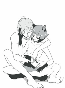 5_fingers anthro breasts convenient_censorship duo female fingers fluffy fluffy_tail fur gloves_(marking) hair human_on_anthro interspecies male male/female markings nipples nude simple_background sitting smile tail white_background osnach_kristina brand_new_animal studio_trigger michiru_kagemori shirou_ogami canid canine human mammal raccoon_dog tanuki 2020 absurd_res hi_res monochrome