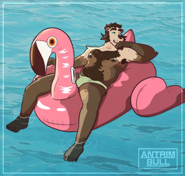 anthro beard belly_hair blue_sclera body_hair body_of_water brown_body brown_fur chest_hair clothing facial_hair fur goatee hair lake male nipples pool_float sitting_on_pool_toy solo speedo swimming_pool swimwear water antrimbull mammal mustelid otter sea_otter