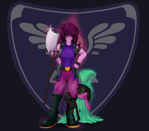 >_< anthro axe bracelet breasts clothed clothing coat duo eyes_closed female fur hair hair_over_eyes hug jewelry melee_weapon scarf spiked_bracelet spikes topwear weapon shamziwhite deltarune undertale_(series) ralsei susie_(deltarune) bovid caprine darkner goat lightner mammal reptile scalie 2018 absurd_res hi_res