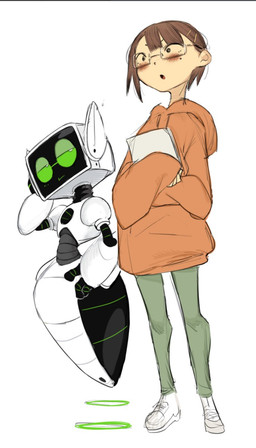 ambiguous_gender clothed clothing duo eyewear female glasses hoodie machine narrowed_eyes not_furry screen simple_background thick_thighs topwear white_background 9999gpera human humanoid mammal robot robot_humanoid hi_res