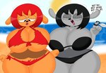 anthro beach big_breasts bikini black_hair bodily_fluids bouncing_breasts breast_jiggle breast_squish breasts brown_body brown_fur bulging_breasts cleavage cleavage_overflow clothed clothing curvy_figure detailed_background dialogue duo eyelashes eyes_closed female fingers fur grey_body grey_fur grey_lipstick hair horn hourglass_figure huge_breasts jiggling lipstick makeup motion_lines navel outside pupils red_hair red_lipstick scissors sea seaside short_hair skimpy skimpy_bikini small_waist squish sweat swimwear text thick_thighs topwear torn_bikini torn_swimwear tube_top two-piece_swimsuit under_boob water wide_hipped_female wide_hips 3barts parappa_the_rapper sony_corporation sony_interactive_entertainment um_jammer_lammy lammy_lamb rammy_lamb bovid caprine mammal sheep 2023 absurd_res digital_drawing_(artwork) digital_media_(artwork) english_text hi_res