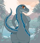 anthro big_butt blue_(jurassic_world) breasts bubble_butt butt claws cocaine-leopard conditional_dnp dinosaur dromaeosaurid female forest hands_on_hips jungle jurassic_park jurassic_world lake looking_at_viewer non-mammal_breasts nude plant presenting presenting_hindquarters reptile scalie side_boob smile solo tail teeth theropod tree universal_studios velociraptor