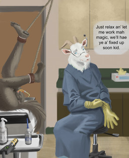 age_difference animal_genitalia ankle_cuffs anthro anthro_on_anthro balls bdsm catheter catheter_in_urethra clothing cuff_(restraint) detailed_background doctor doctor's_office duo elderly_anthro elderly_male eyewear faceless_anthro faceless_character faceless_male fur genitals glasses gloves grey_body grey_fur handwear imminent_fingering lying male male/male male_anthro medical medical_examination medical_gloves medical_instrument medical_play on_back penis penis_tip restrained restraints scientific_instrument scrubs sheath sitting text uniform unprofessional_behavior wearing_glasses white_body white_fur kaltag1925 luke_(kaltag1925) richard_(kaltag1925) bovid canid canine canis caprine coyote goat mammal english_text hi_res