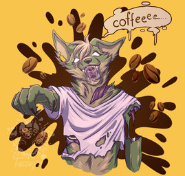 anthro bean beverage black_nose bodily_fluids bone claws clothed clothing coffee coffee_bean empty_eyes exposed_bone flesh front_view fur gore green_body green_fur hair looking_at_viewer male open_mouth pink_clothing pink_shirt pink_t-shirt pink_topwear ribs saliva saliva_on_tongue saliva_string shirt simple_background solo spots t-shirt text topwear torn_clothing white_hair wound_on_arm wound_on_ear wound_on_face wound_on_neck wound_on_torso tasseya canid canine canis mammal undead wolf zombie 2025 absurd_res artist_name colored dated digital_drawing_(artwork) digital_media_(artwork) english_text hi_res shaded signature url watermark yellow_theme