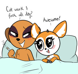 anthro bed bedding blanket blush breasts brown_body brown_fur cigarette cleavage clothed clothing convenient_censorship covering duo female fur furniture horn imminent_sex looking_at_another lying lying_on_bed male male/female nude on_bed open_mouth orange_body orange_fur pillow simple_background smile teeth text notenoughpink aggretsuko sanrio chief_komiya tsunoda_(aggretsuko) antelope bovid gazelle herpestid mammal meerkat thomson's_gazelle true_antelope english_text