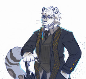 alternate_species anthro black_clothing black_coat black_nose black_topwear clothed clothing coat front_view fur furrification grey_body grey_clothing grey_eyes grey_fur grey_hair grey_topwear hair hand_in_pocket looking_at_viewer male mouth_closed multicolored_hair pockets simple_background solo topwear two_tone_hair umbrella unsigned white_background white_body white_fur white_hair asnnonaka arknights hypergryph studio_montagne silverash_(arknights) felid mammal pantherine snow_leopard half-length_portrait portrait