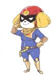 anthro armor belt black_nose boots clothing cosplay female footwear fur gesture gloves handwear headgear helmet salute scarf shoes simple_background smile solo white_body white_fur yellow_body yellow_fur inkerton-kun animal_crossing f-zero nintendo captain_falcon isabelle_(animal_crossing) canid canine canis domestic_dog mammal shih_tzu toy_dog crossover