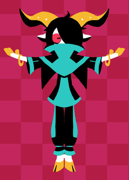 anthro black_hair bottomwear bracelet checkered checkered_background clothing fur geometric_background hair hair_over_eye hooves horizontal_pupils horn jewelry magic_user male one_eye_obstructed pants pattern_background pupils red_background red_sclera robe simple_background solo white_body white_fur yellow_horn axedraws vesper_(axedraws) bovid caprine goat mammal absurd_res hi_res