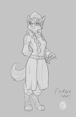 4_toes 5_fingers admiral anthro belt biped boots bottomwear braided_hair braided_ponytail breasts cheek_tuft claws clothed clothing coat digitigrade eyebrows eyelashes eyewear facial_tuft feet female fingers fluffy fluffy_tail footwear front_view fully_clothed fur goggles grey_background hair hand_behind_back hands_behind_back handwear hat headgear headwear holding_object holding_weapon long_hair looking_at_viewer looking_up melee_weapon military military_uniform pants ponytail pose shoes simple_background smile solo standing sword tail text toes topwear tuft uniform weapon raubr1tter canid canine canis domestic_dog german_shepherd herding_dog mammal pastoral_dog absurd_res black_and_grey full-length_portrait greyscale hi_res monochrome portrait sketch