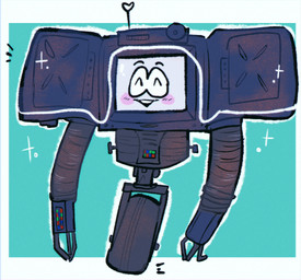 abstract_background ambiguous_gender blue_body blush eyes_closed machine metallic_body new_vegas not_furry simple_background smile solo star_motif teal_background tire wheel nuclearconsole fallout microsoft yes_man_(fallout) robot securitron_(fallout) english_description
