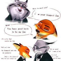 anthro clothing duo fur grey_body grey_fur male necktie orange_body orange_fur smile smirk suit suspicious text nibkman0304 disney zootopia nick_wilde pawbert_lynxley canid canine felid feline fox lynx mammal english_text hi_res