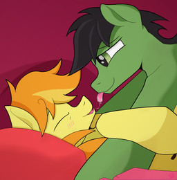 bed black_hair black_mane blush blush_lines bodily_fluids duo eyebrows eyes_closed feral furniture green_body hair lying male male/male male_on_bottom male_on_top mane on_back on_bottom on_front on_top orange_hair orange_mane pillow saliva saliva_string simple_background smile tongue tongue_out yellow_body sefastpone friendship_is_magic hasbro my_little_pony anon anon_stallion braeburn_(mlp) earth_pony equid equine horse mammal pony 2022 digital_media_(artwork) hi_res