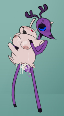 abdominal_bulge anthro antlers areola balls big_balls big_breasts black_nose blue_background blue_eyes bodily_fluids bouncing_breasts breasts cum cum_inside duo erect_nipples female fur genital_fluids genitals glistening glistening_body heart_eyes heart_symbol horn huge_breasts leaking_cum looking_pleasured male male/female nipples open_mouth penetration penile penile_penetration penis_in_vagina pink_areola pink_nipples purple_body purple_fur simple_background size_difference sweat sweaty_body thin_legs vaginal vaginal_penetration white_body white_fur hhbrother deer lagomorph leporid mammal rabbit 2026 absurd_res digital_drawing_(artwork) digital_media_(artwork) english_description hi_res upscale