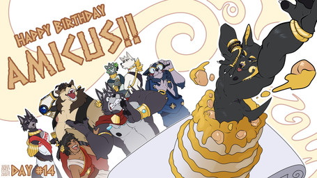 anthro armband armlet armor birthday black_body black_fur black_hair blue_body blue_clothing blue_eyes blue_fur blush bracelet braided_hair brown_body brown_fur brown_hair butt cake cape clothing container cup dessert ear_piercing ear_ring eyes_closed eyewear female flustered food fur furniture glasses gold_accessory green_sclera grey_body grey_fur group hair hand_on_head hand_on_hip hand_on_shoulder holding_container holding_cup holding_object jacket jewelry laugh long_hair male muscular necklace nipples nude nude_anthro overweight pauldron piercing purple_eyes red_eyes ring_piercing robe robotic_arm scar smoking_pipe stubble surprised table teeth text tongue tongue_out topwear white_clothing wreath soradezwolfox adastra adastra_(series) echo_project khemia alexios_(adastra) amicus_(adastra) brunis_(khemia) cassius_(adastra) marco_(adastra) neferu_(adastra) scipio_(khemia) virginia_(adastra) anubian_jackal canid canine canis felid feline gulonine human jackal mammal mustelid musteline wolf wolverine 16:9 2024 english_text hi_res widescreen