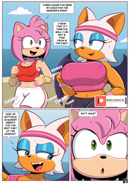 5_fingers accessory alternate_costume anthro athletic_wear back_wings bat_wings biped black_nose blue_eyes blue_eyeshadow bodily_fluids bouncing_breasts breasts clothed clothed_anthro clothed_female clothing collarbone countershade_face countershade_torso countershading dialogue duo eyelashes eyeshadow female female_anthro fingers fully_clothed fully_clothed_anthro fully_clothed_female green_eyes hair_accessory hairband headband iris makeup membrane_(anatomy) membranous_wings midriff name_drop name_in_dialogue nipple_outline open_mouth open_smile patreon_logo patreon_username pink_body pupils red_hairband reverse_countershading small_nose smile smiling_at_another speech_bubble sweat talking_to_another text wings ike_marshall patreon sega sonic_the_hedgehog_(series) amy_rose rouge_the_bat bat eulipotyphlan hedgehog mammal comic english_text hi_res