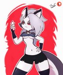 anthro bottomwear breasts clothing ear_piercing ear_ring female frown hand_on_hip midriff piercing red_sclera ring_piercing shorts simple_background solo under_boob fantharubi helluva_boss mythology loona_(helluva_boss) canid canid_demon canine canis demon hellhound mammal mythological_canine mythological_creature wolf hi_res