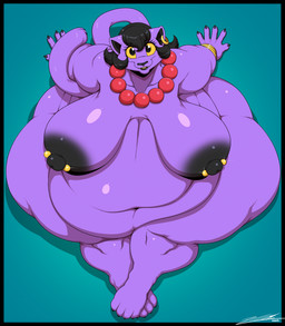 anthro areola barbell_piercing belly big_areola big_belly big_breasts big_butt big_nipples black_areola black_eyes black_hair black_nipples bracelet breasts butt deep_navel ear_piercing ear_ring eyelashes fangs female fur hair huge_belly huge_breasts huge_butt huge_thighs jewelry long_eyelashes lower_lip morbidly_obese morbidly_obese_anthro morbidly_obese_female mostly_nude navel necklace nipple_dip nipple_piercing nipples obese obese_anthro obese_female overweight overweight_anthro overweight_female piercing purple_body purple_fur ring_piercing sitting solo teeth thick_thighs yellow_sclera deonwolf deltarune undertale_(series) catty_(undertale) domestic_cat felid feline felis mammal 2025 digital_media_(artwork) hi_res