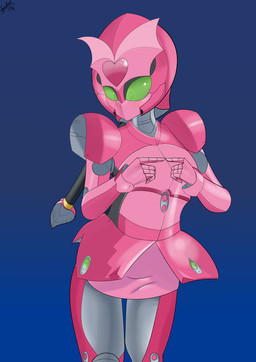 bashful blue_background blush bottomwear clothing female fingertips_touching gradient_background green_eyes machine not_furry pink_body simple_background skirt solo ghostspectre42 kikai_sentai_zenkaiger super_sentai magine alien alien_humanoid humanoid kikainoid robot robot_humanoid 2024 absurd_res hi_res