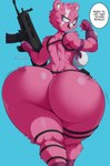 anthro big_butt bottomless breasts butt butt_focus clothed clothing dialogue female flexing fur gun holding_object holding_weapon huge_butt huge_hips looking_at_viewer looking_back looking_back_at_viewer mostly_nude pink_body pink_fur ranged_weapon rear_view scar-l smile solo standing talking_to_viewer text thick_calves weapon wide_hips daiidalus epic_games fortnite cuddle_team_leader bear mammal 2021 absurd_res english_text hi_res portrait three-quarter_portrait