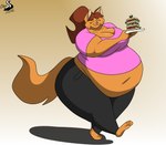 anthro breasts cleavage clothed clothing eyes_closed female food hair overweight sandwich_(food) smile solo chrisandcompany reese_vecat domestic_cat felid feline felis mammal