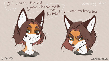 ambiguous_gender anthro biped clothed clothed_ambiguous clothed_anthro clothing dialogue front_view hair humor looking_at_viewer piercing smile solo speech_bubble teeth text topwear iskra canid canine fox mammal 2025 digital_drawing_(artwork) digital_media_(artwork) english_text hi_res