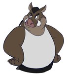 anthro bottomwear brown_body clothing male mature_male overweight overweight_male pants shirt simple_background solo topwear white_background glassesgator brok_the_investigator cowcat_games ott's_dad mammal suid suina warthog 2024 hi_res