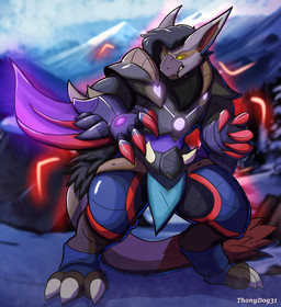 anthro armor claws clothed clothing male mountain outside solo warrior thony_dog capcom monster_hunter flying_wyvern nargacuga absurd_res hi_res