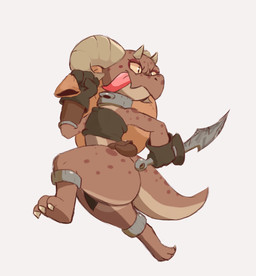 4_horns ankle_cuffs anthro bag_over_shoulder bottomwear brown_body brown_sclera chest_wraps claws clothed clothing cuff_(restraint) curved_horn dagger escape female gloves handwear holding_bag holding_dagger holding_melee_weapon holding_object holding_weapon horn loincloth looking_back markings melee_weapon multi_horn partially_clothed pockets restraints running simple_background smug solo spots spotted_body tail thief tongue tongue_out weapon white_background wraps dralighieri piko_(simplifypm) kobold scalie 2018 digital_media_(artwork) full-length_portrait hi_res portrait