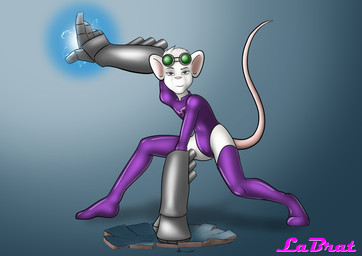 action_pose anthro armor bodysuit camel_toe clothed clothing electricity eyebrows eyewear female flat_chested gauntlets gloves goggles hair handwear legwear looking_at_viewer navel_outline plantigrade pose short_hair simple_background skinsuit solo supervillain technology text thigh_highs tight_clothing white_body white_hair danaume mammal mouse murid murine rodent english_text