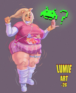 anthro belly belly_overhang big_belly big_breasts biped breasts clothed clothing curvy_figure eyelashes female fingers front_view hair highlights_(coloring) huge_belly huge_breasts huge_thighs looking_at_viewer natural_breasts obese obese_anthro obese_female overweight overweight_anthro overweight_female pupils simple_background smile solo standing thick_thighs voluptuous voluptuous_anthro voluptuous_female wide_hips lumieart 2026 hi_res