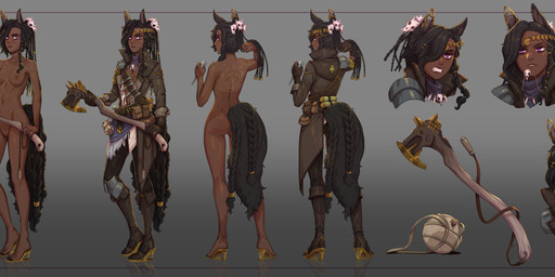 accessory axe belt black_hair black_tail braided_hair braided_tail breasts brown_body brown_skin canteen carrot circlet clenched_teeth clothed clothing dark_body dark_skin dreadlocks eating female food footwear hair hair_accessory high_heels holding_object holding_weapon looking_at_viewer medium_breasts multiple_expressions multiple_outfits multiple_poses nude plant pose purple_eyes shoes solo tail teeth vegetable weapon d-rex animal_humanoid equid equid_humanoid equine equine_humanoid horse_humanoid humanoid mammal mammal_humanoid hi_res model_sheet