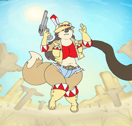 anthro belly belly_expansion belt big_belly big_breasts black_hair body_inflation boots bottomwear breast_expansion breasts brown_eyes clothing crop_top deep_navel expansion female footwear fur gloves gun hair handwear hat headgear headwear huge_belly huge_breasts huge_thighs inflation jacket multicolored_body multicolored_fur navel ranged_weapon shirt shoes shorts solo sun tan_body tan_fur thick_thighs thigh_expansion topwear tube two_tone_body two_tone_fur weapon wild_west virus-20 june_coyote canid canine canis coyote mammal 2024 animated digital_media_(artwork) hi_res