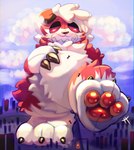 after_transformation anthro big_feet cheek_tuft city city_background city_crushing cloud facial_tuft feet fluffy group macro macro_anthro male micro neck_tuft pawpads plushie sky step_pose tuft latexm4n game_freak nintendo pokemon generation_7_pokemon lycanroc pokemon_(species) absurd_res hi_res