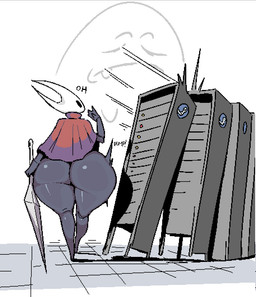 anthro big_butt black_body black_eyes bottomless bottomless_female butt cloak cloak_only clothed clothing female hornet's_needle huge_butt huge_hips huge_thighs humor red_cloak red_clothing server server_room solo the_truth thick_thighs wide_hips onae_ane hollow_knight_(franchise) steam_(software) team_cherry valve valve_corporation hornet_(hollow_knight) arthropod 2025 digital_media_(artwork) pixel_(artwork)
