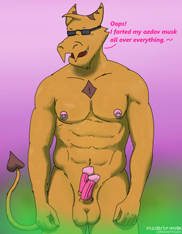 2_penises abs brown_markings cocky eyewear fart fur genitals green_fart_cloud humanoid_genitalia humanoid_penis male markings moobs multi_genitalia multi_penis muscular nipples nude penis pink_genitals pink_nipples sunglasses tail tail_tuft tan_body tan_fur teasing teasing_viewer tuft timuron kinko_(timuron) azdov hi_res