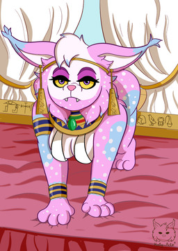 all_fours anthro bed bracelet breasts clothed clothing crown ear_piercing ear_ring egyptian egyptian_clothing female fur furniture hair headgear jewelry looking_at_viewer lying necklace on_bed piercing pink_body ring_piercing simple_background solo tiara topwear upset white_body haty_arts hatysa felid feline felis lynx mammal digital_media_(artwork) hi_res