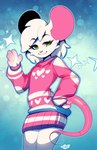 anthro big_ears bottomless clothed clothing femboy fur gesture green_eyes hair heart_clothing heart_print heart_sweater heart_symbol heart_topwear looking_at_viewer male print_clothing print_sweater print_topwear solo sweater topwear waving waving_at_viewer white_body white_fur white_hair hallogreen reggie_(whygena) mammal mouse murid murine rodent 2022 cel_shading digital_media_(artwork) shaded